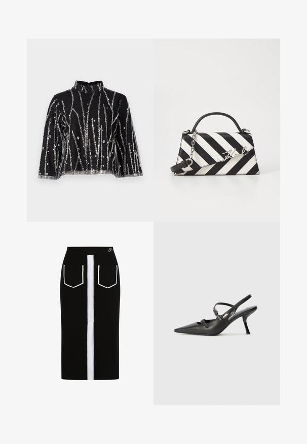 Čierny crop top s vysokým golierom, ktorý má vertikálne strieborné trblietavé prúžky, priesvitné rukávy a textúrovanú látku.; Čierna pletená midi sukňa so širokým bielym vertikálnym pruhom a bielymi vreckovými detailmi. Zaručuje pohodlie vďaka elastickému pásu.; Čierne kožené slingback topánky na vysokom podpätku s ostrou špicou, štíhlym podpätkom a dekoratívnym detailom s prackou na priehlavku. Hladká textúra a elegantný dizajn.; Čierno-bielo pruhovaná kabelka so štruktúrovaným tvarom, obsahujúca hornú rúčku, odnímateľný reťazový popruh a kovový logo akcent.