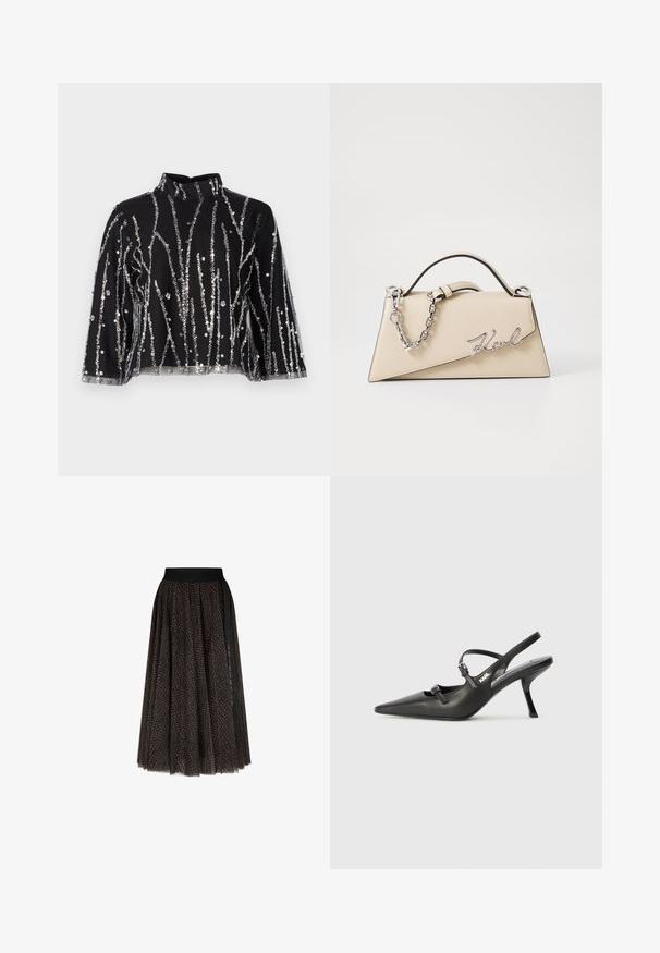 Top corto nero con collo alto, caratterizzato da linee verticali in paillettes argentate, maniche trasparenti e tessuto testurizzato.; Gonna midi a fantasia marrone e nera con una vita elastica nera e un dettaglio a striscia nera verticale su un lato.; Scarpe slingback nere in pelle con punta affilata, tacco sottile e dettaglio decorativo a fibbia sulla tomaia. Texture liscia e design elegante.; Borsa a mano in pelle beige con una forma triangolare strutturata, dotata di un manico in catena argentata e di un logo in metallo scritto in corsivo.