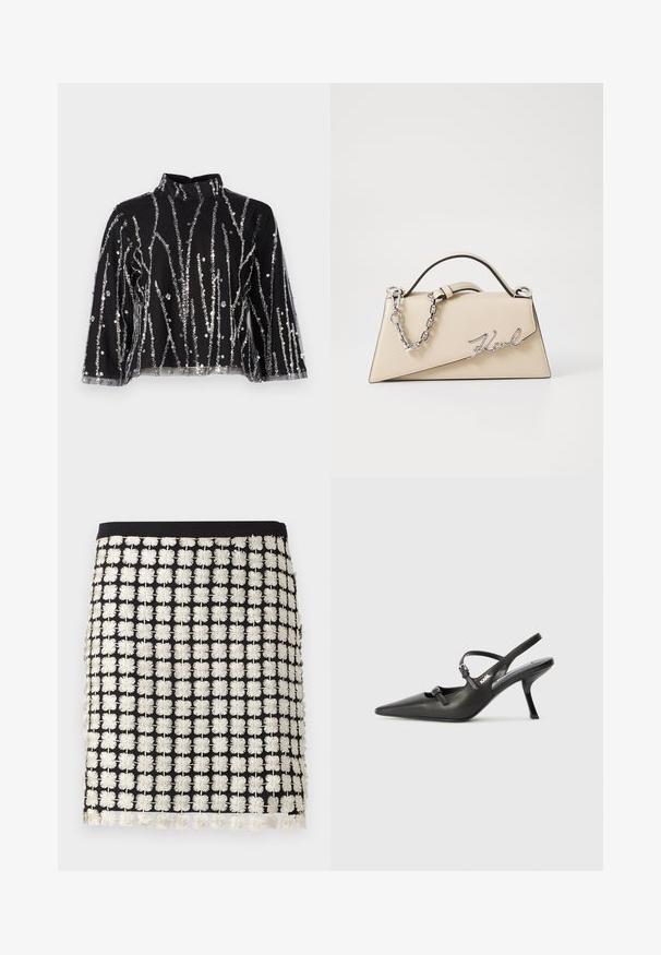 Svart topp med høy hals, prydet med sølvfargede paljetter i vertikale linjer, gjennomsiktige ermer og teksturert stoff.; Svart skjørt med en strukturert design som har hvite blomsterbroderimønstre. Detaljer inkluderer frynser langs kanten og en tettsittende midjebånd.; Sorte skinn slingback-hæler med spiss tå, slank hæl og dekorativ spenne detalj på vampsiden. Glatt tekstur og stilrent design.; Beige lærveske med en strukturert, trekantet form, som har et sølvfarget kjedehåndtak og en skrifttype-logo i metall.