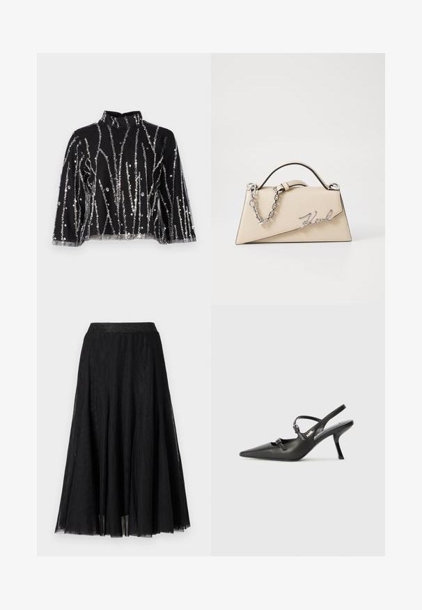 Svart topp med høy hals, prydet med sølvfargede paljetter i vertikale linjer, gjennomsiktige ermer og teksturert stoff.; Svart maxiskjørt med en teksturert, flytende design. Har et bredt, glitrende midjebånd og et lagdelt, gjennomsiktig stoff for et elegant utseende.; Sorte skinn slingback-hæler med spiss tå, slank hæl og dekorativ spenne detalj på vampsiden. Glatt tekstur og stilrent design.; Beige lærveske med en strukturert, trekantet form, som har et sølvfarget kjedehåndtak og en skrifttype-logo i metall.