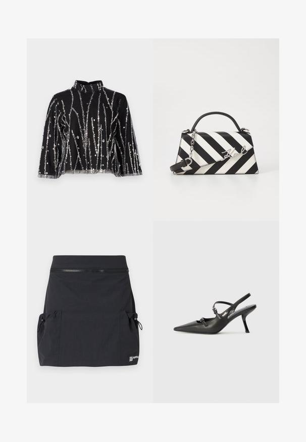 Μαύρο κοντό τοπ με ψηλό λαιμό, διακοσμημένο με ασημένιες αλληλένδετες κατακόρυφες γραμμές, διαφανείς μανίκες και υφασμάτινη υφή.; Μαύρη τζην φούστα με εφαρμοστό ζωνάκι, δύο πλαϊνές τσέπες με κλείσιμο κορδονιού και λεπτομέρεια λογότυπου στο στρίφωμα. Λείο υφασμά.; Μαύρες δερμάτινες γόβες slingback με μυτερή μύτη, λεπτό τακούνι και διακοσμητική αγκράφα στο επάνω μέρος. Λείος υφής και κομψός σχεδιασμός.; Μαύρη και λευκή ριγέ τσάντα χειρός με δομημένο σχήμα, που διαθέτει επάνω λαβή, αποσπώμενη αλυσίδα και μεταλλικό λογότυπο.