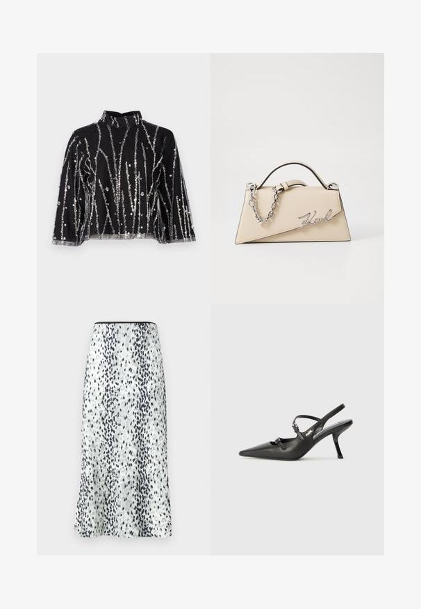 Svart topp med høy hals, prydet med sølvfargede paljetter i vertikale linjer, gjennomsiktige ermer og teksturert stoff.; En kneelång kjol med vit tyg där det finns ett svart och grått prickigt mönster, avslutad med ett enkelt midjeband och en liten logotyp.; Sorte skinn slingback-hæler med spiss tå, slank hæl og dekorativ spenne detalj på vampsiden. Glatt tekstur og stilrent design.; Beige lærveske med en strukturert, trekantet form, som har et sølvfarget kjedehåndtak og en skrifttype-logo i metall.