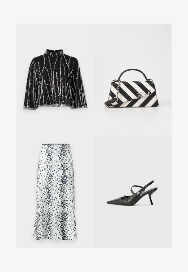 Svart topp med høy hals, prydet med sølvfargede paljetter i vertikale linjer, gjennomsiktige ermer og teksturert stoff.; En kneelång kjol med vit tyg där det finns ett svart och grått prickigt mönster, avslutad med ett enkelt midjeband och en liten logotyp.; Sorte skinn slingback-hæler med spiss tå, slank hæl og dekorativ spenne detalj på vampsiden. Glatt tekstur og stilrent design.; Svart- og hvitstripet håndveske med en strukturert form, som har et topphåndtak, en avtakbar kjedestropp, og metallisk logo-akcent.