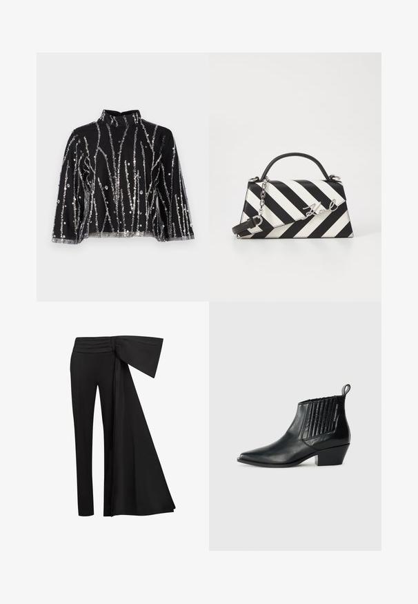 Black cropped top with high neck, featuring silver sequined vertical lines, sheer sleeves, and textured fabric.; Black trousers with a wide, draped sash detail at the waist. Smooth fabric, straight leg cut, and pleated waistband.; Black leather ankle boot featuring a pointed toe, quilted side panel, and a low block heel. Subtle branding on the side.; Black and white striped handbag with a structured shape, featuring a top handle, a detachable chain strap, and metallic logo accent.