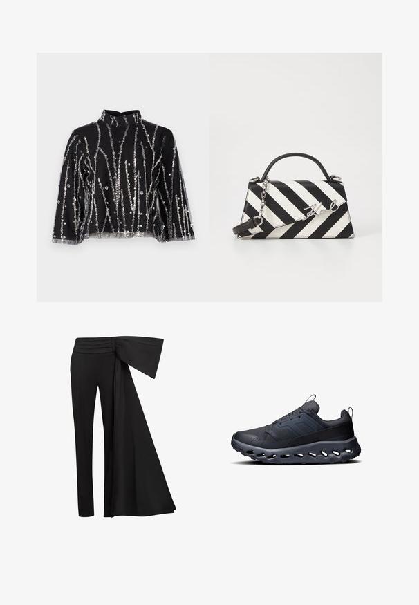 Fekete, cropped fazonú felső magas nyakkal, ezüstszínű flitteres függőleges csíkokkal, áttetsző ujjakkal és texturált anyaggal.; Fekete nadrág, széles, drapált övvel a deréknál. Simaságú anyag, egyenes lábszár, és pliszírozott derékbőség.; Fekete sportcipők texturált hálós felsőrésszel, kiemelt díszítésekkel és vastag, párnázott talppal, amelyen vágások találhatók a rugalmasság és a szellőzés érdekében.; Fekete-fehér csíkos kézitáska, strukturált formával, felső fogantyúval, leválasztható lánc pánttal és fémes logóval.