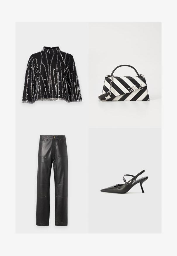 Fekete, cropped fazonú felső magas nyakkal, ezüstszínű flitteres függőleges csíkokkal, áttetsző ujjakkal és texturált anyaggal.; Fekete bőrnadrág egyenes szabással, figyelemfelkeltő varrásokkal, négy zsebbel és réz színű fém részletekkel. Sima textúra.; Fekete bőrszíjjal ellátott magassarkú cipő, hegyes orral, karcsú sarkával és díszes csattal a vamp részén. Simás textúra és elegáns dizájn.; Fekete-fehér csíkos kézitáska, strukturált formával, felső fogantyúval, leválasztható lánc pánttal és fémes logóval.