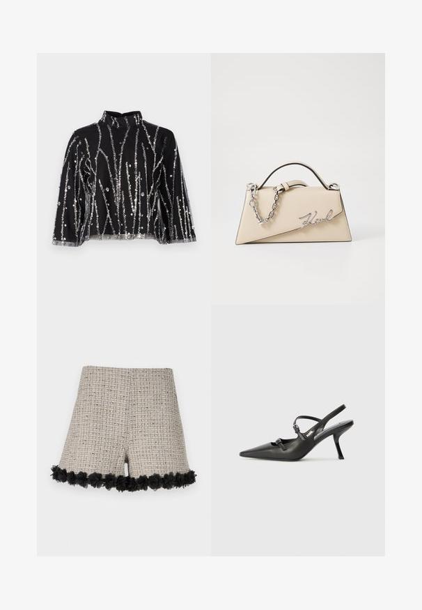 Černý zkrácený top s vysokým límcem, s vertikálními stříbrnými flitry, průhlednými rukávy a texturovanou tkaninou.; Béžové tweedové šortky s texturovaným vzorem, s černým květinovým lemem na spodním okraji. Design zahrnuje celkový upravený střih.; Černé kožené lodičky na boku s špičatou špičkou, štíhlým podpatkem a dekorativní přezkou na nártu. Hladká textura a elegantní design.; Béžová kožená kabelka se strukturovaným trojúhelníkovým tvarem, se stříbrným řetízkem a kovovým logem psaným kurzívou.