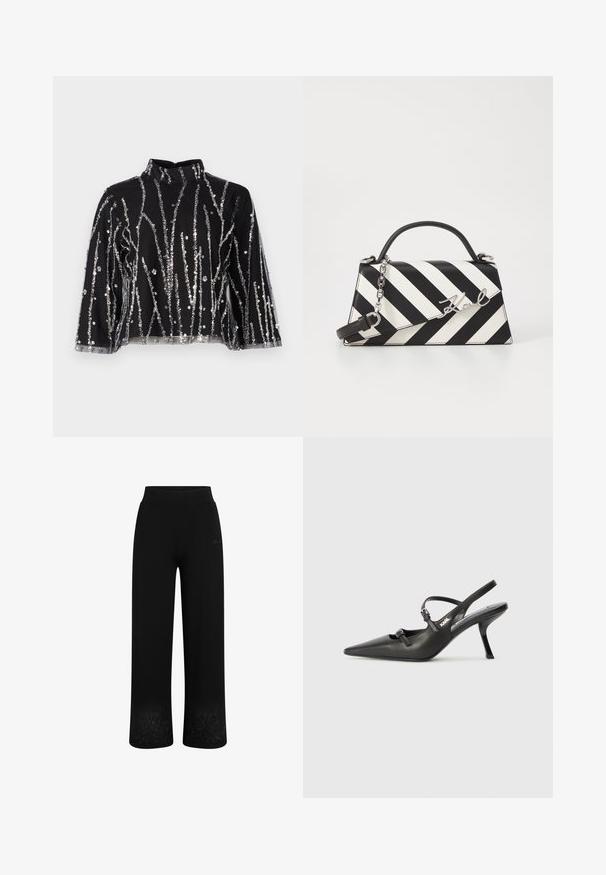 Melna īsā topiņa ar augstu kaklu, kurai ir sudraba mirdzošas vertikālas svītras, caurspīdīgas piedurknes un teksturēta auduma.; Melnas sporta bikses ar plaša kāju dizainu, elastīgu jostu un ziedu izšuvumu apakšmalā. Izgatavotas no mīksta, elastīga auduma.; Melnas ādas slingback papēži ar norādītu purngalu, izsmalcinātu papēdi un dekoratīvu sprādzi uz priekšpuses. Gluda tekstūra un elegants dizains.; Melnām un baltām svītrām rotāta rokassoma ar strukturētu formu, ar augšējo rokturi, noņemamu ķēdes siksnu un metāla logotipa akcentu.