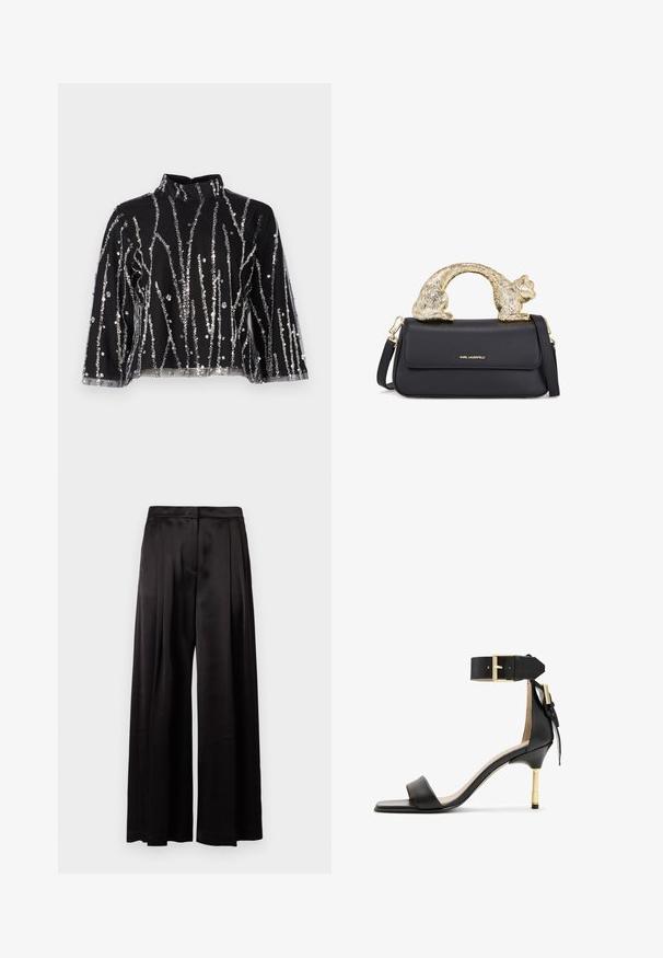 Černý zkrácený top s vysokým límcem, s vertikálními stříbrnými flitry, průhlednými rukávy a texturovanou tkaninou.; Černé široké kalhoty vyrobené z hladkého saténového materiálu. Mají skládací přední část a vysoký pas s elegantním zakončením. Bez viditelných kapes.; Černá kožená sandál s podpatkem, čtveratou špičkou, páskem okolo kotníku se zlatou přezkou a štíhlým kovovým podpatkem. Hladká textura, minimalistický design.; Černá kožená kabelka se zlatým držadlem ve tvaru kočky, s předním klopovým uzávěrem, nastavitelným popruhem a detailem loga na dolní přední straně.