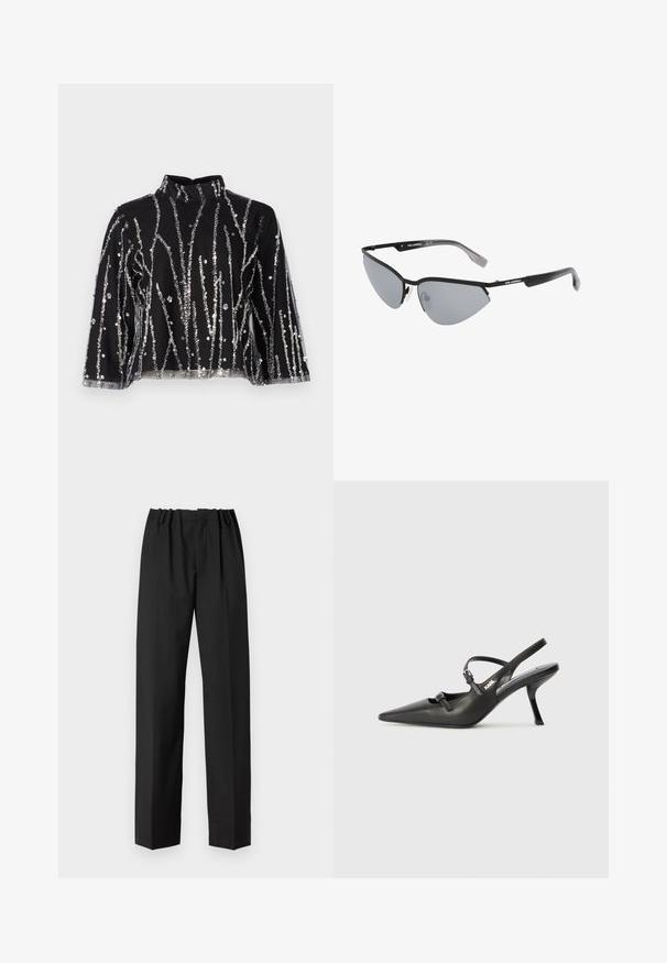 Black cropped top with high neck, featuring silver sequined vertical lines, sheer sleeves, and textured fabric.; Black trousers with a straight-leg design, featuring an elastic waistband and smooth texture. No visible patterns or hardware details.; Black leather slingback heels with a pointed toe, slender heel, and decorative buckle detail on the vamp. Smooth texture and sleek design.; Black sunglasses with angular, cat-eye design. Silver mirrored lenses. Slim, lightweight plastic frames with subtle branding on the temples.; Beige leather handbag with a structured, triangular shape, featuring a silver chain handle and a cursive logo in metal.