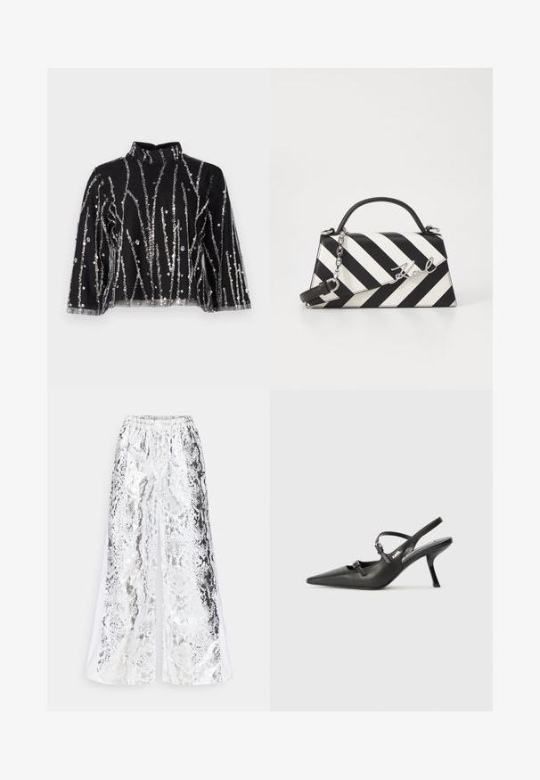 Top preto cropped com gola alta, apresentando linhas verticais de lantejoulas prateadas, mangas transparentes e tecido texturizado.; As calças largas com padrão de cobra prateada apresentam uma cintura elástica e um acabamento brilhante, com um design fluido e acentos de padrões verticais.; Sapatos de salto alto em couro preto, tipo slingback, com bico pontiagudo, salto esguio e detalhe decorativo em fivela no peito do pé. Textura suave e design elegante.; Bolsa de mão às riscas pretas e brancas com um formato estruturado, apresentando uma alça superior, uma alça de corrente destacável e um detalhe em logotipo metálico.