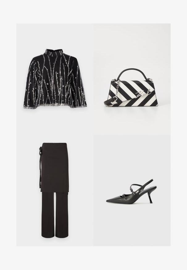 Svart topp med høy hals, prydet med sølvfargede paljetter i vertikale linjer, gjennomsiktige ermer og teksturert stoff.; Svart to-delt antrekk med en lang topp med elastisk midjebånd og innpakningsdetalj, kombinert med bukser med vide ben. Glatt tekstur.; Sorte skinn slingback-hæler med spiss tå, slank hæl og dekorativ spenne detalj på vampsiden. Glatt tekstur og stilrent design.; Svart- og hvitstripet håndveske med en strukturert form, som har et topphåndtak, en avtakbar kjedestropp, og metallisk logo-akcent.