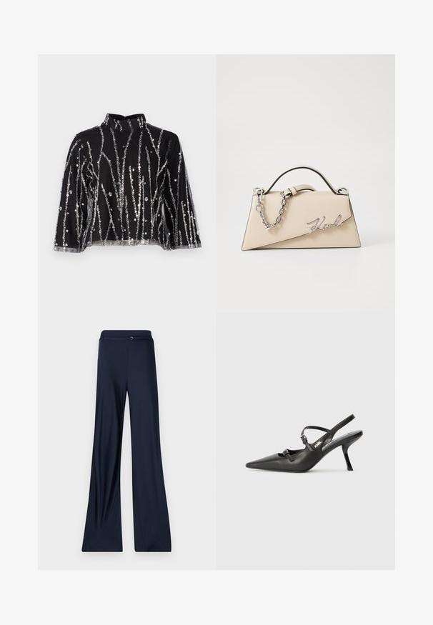 Černý zkrácený top s vysokým límcem, s vertikálními stříbrnými flitry, průhlednými rukávy a texturovanou tkaninou.; Námořnické kalhoty s širokým střihem a hladkým povrchem, s plochým pasem a jemným kovovým akcentem na přední straně.; Černé kožené lodičky na boku s špičatou špičkou, štíhlým podpatkem a dekorativní přezkou na nártu. Hladká textura a elegantní design.; Béžová kožená kabelka se strukturovaným trojúhelníkovým tvarem, se stříbrným řetízkem a kovovým logem psaným kurzívou.