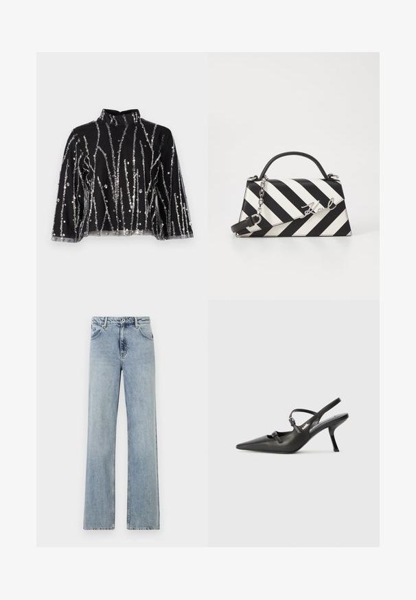 Black cropped top with high neck, featuring silver sequined vertical lines, sheer sleeves, and textured fabric.; Light blue, wide-leg jeans made of denim. Features a button and zip closure, front pockets, and subtle fading. Clean hems.; Black leather slingback heels with a pointed toe, slender heel, and decorative buckle detail on the vamp. Smooth texture and sleek design.; Black and white striped handbag with a structured shape, featuring a top handle, a detachable chain strap, and metallic logo accent.