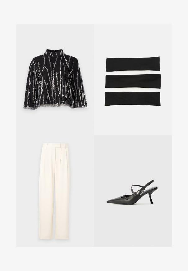 Top corto negro de cuello alto, con líneas verticales de lentejuelas plateadas, mangas transparentes y tejido texturizado.; Pantalones de pierna ancha color beige claro con una textura suave, que presentan pliegues en la parte frontal y una cinturilla plana. Sin cierres ni bolsillos visibles.; Tacones slingback de cuero negro con punta afilada, tacón delgado y detalle decorativo de hebilla en la parte superior. Textura suave y diseño elegante.; Conjunto de tres diademas elásticas en blanco y negro, con una textura suave y un diseño simple y plano. Cada banda tiene un ancho uniforme.