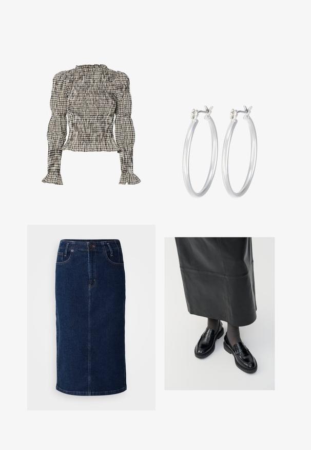 Smocked blūze ar rūtainu rakstu melnā, baltā un bežā krāsā. Rūtainā apmale ap kaklu un aprocēm, garas piedurknes, īsāka piegriezuma.; Tumši zila denim midi svārku svārki ar taisnu griezumu, priekšējām kabatām un kontrastējošām oranžām šuvēm. Gluda tekstūra ar minimālu detalizāciju.; Melni ādas loafers ar gludu apdari, ar dekoratīvu jostu, apaļu pirkstu un teksturētu zoli. Valkāti ar garu melnu ādas svārku.; Sudraba riņķveida auss gredzeni ar gludu, pulētu apdari. Apaļa forma un drošs klikšķa augšējais slēgums. Viegls dizains, kas piemērots ikdienas valkāšanai.
