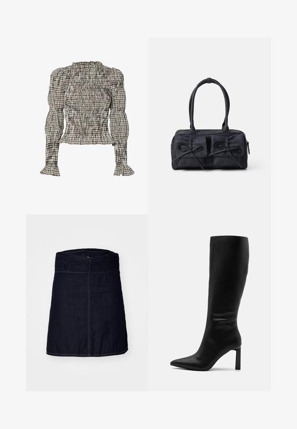 Bluză cu elastică, având un model în carouri alb-negru-bej. Guler și manșete volanate, mâneci lungi, croială scurtă.; Fustă din denim de un indigo închis, cu un brâu elastic plisat, croială dreaptă și cusături contrastante pe tiv și cusături.; Even&Odd Cizme - black; Geantă de mână din țesătură neagră, cu două buzunare frontale decorate cu funde, mânere duale și închidere cu fermoar. Textură moale și formă rectangulară.