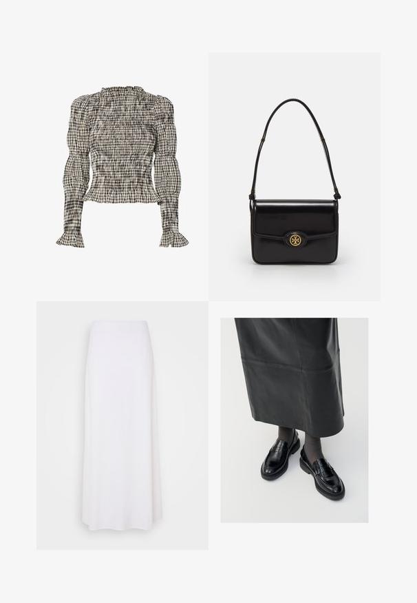 Blusa con arricciatura in motivo a quadretti nei colori nero, bianco e beige. Collo e polsini a volant, maniche lunghe, vestibilità corta.; Gonna lunga bianca realizzata in tessuto leggero con una superficie liscia, caratterizzata da un design semplice a trapezio e senza decorazioni visibili.; Mocassini in pelle nera con una finitura liscia, dotati di una fascia decorativa, punta rotonda e suola texturizzata. Indossati con una lunga gonna in pelle nera.; Borsa a mano nera in pelle con forma rettangolare, accessori in oro, patta frontale e accentuazione con logo circolare. Presenta una sola tracolla regolabile.; Orecchini in metallo argento con un design ondulato e scultoreo, caratterizzati da una finitura lucida e forme irregolari, che evidenziano un'estetica contemporanea.