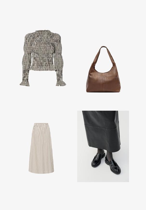 Smockitud blouse mustriga, mis on valmistatud mustast, valgest ja beežist. Volangiga kaelus ja mansetid, pikad varrukad, lühike istuvus.; Kerge A-line midi seelik koorevärvi, millel on õhukesed pruunid vertikaalsed triibud. Omab elastset vöökohta ja sujuvat, voogavat kangast.; Mustad nahast loafertossud sileda pinnaga, dekoratiivse rihma, ümarate varvaste ja tekstuuriga tallaga. Kanda pikkade mustade nahkseelikutega.; Pruun nahk Käekott, millel on pehme ja ümar kuju. Omab ühte tugevat rihma ja delikaatse õmblemise detailid. Sile tekstuur.