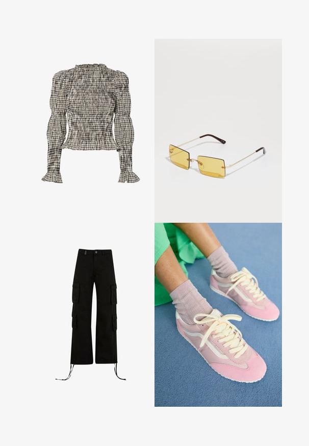 Kockás mintás, fekete, fehér és bézs színű smockolt blúz. Ráncos nyakú és mandzsettás, hosszú ujjú, rövid szabású.; Fekete cargo nadrág laza szabással, oldalzsebekkel, húzózsinóros szárakkal és gombos derékzárral.; Rózsaszín sportcipők, velúrból és hálóból készült, krém színű díszítésekkel. Vastag fűzővel, struktúrált felülettel és fehér gumitalppal rendelkezik.; Négyzet alakú napszemüveg sárga lencsékkel, arany színű fém kerettel és barna díszítésű szárakkal. Minimalista dizájn, átlátszó orrbetétekkel.; Rózsaszín bőr keresztbody táska kerek formával, arany cipzáros záródással és állítható pánttal. A táska elején enyhén domború logó található.