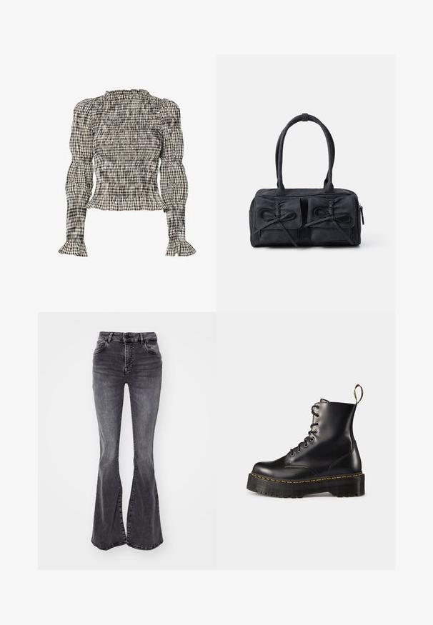 Smokan bluzon s kariranim uzorkom u crnoj, bijeloj i bež boji. Nabran ovratnik i manžeti, dugi rukavi, skraćeni kroj.; Sive trapez hlače od trapera, s visokim strukom, dva prednja džepa i prorezom na dnu svakog nogavice. Sirovi rub.; Crne kožne čizme s vezanjem do članka, s debelim crnim potplatom i žutim šavom. Imaju traku za povlačenje na stražnjoj strani i okrugle metalne rupice.; Crna platnena torba sa dva prednja džepa s detaljima mašne, dvostrukim drškama i zatvaranjem na munju. Mekana tekstura i pravokutni oblik.