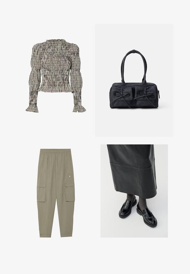 Gesmokt blouse met een geruit patroon in zwart, wit en beige. Volant halslijn en manchetten, lange mouwen, cropped fit.; Cargo broek in olijfgroene stof met een elastische tailleband, zijzakken en twee grote voorkruiszakken. Gladde, lichte textuur.; Zwarte leren loafers met een gladde afwerking, voorzien van een decoratieve band, ronde neus en gestructureerde zool. Draagt met een lange zwarte leren rok.; Zwarte stoffen handtas met twee voorzakken met strikdetails, dubbele handvatten en ritssluiting. Zachte textuur en rechthoekige vorm.