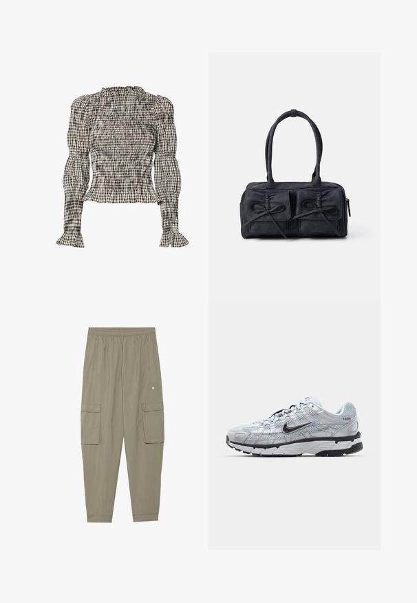 Gesmokt blouse met een geruit patroon in zwart, wit en beige. Volant halslijn en manchetten, lange mouwen, cropped fit.; Cargo broek in olijfgroene stof met een elastische tailleband, zijzakken en twee grote voorkruiszakken. Gladde, lichte textuur.; Nike P-6000 sneakers met een lichtgrijze mesh bovenkant, zwarte accenten en een duurzame zwarte rubberen zool. Kenmerkt zich door een ingewikkeld ontwerp en vetersysteem.; Zwarte stoffen handtas met twee voorzakken met strikdetails, dubbele handvatten en ritssluiting. Zachte textuur en rechthoekige vorm.