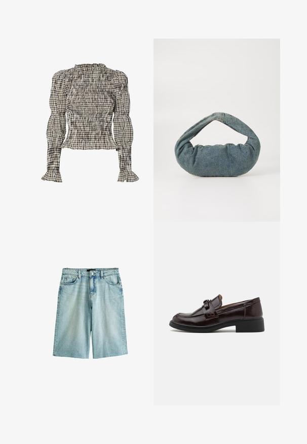 Kockás mintás, fekete, fehér és bézs színű smockolt blúz. Ráncos nyakú és mandzsettás, hosszú ujjú, rövid szabású.; Világoskék denim rövidnadrág, laza szabással, gombos záródással, övhurkokkal, valamint elülső és hátsó zsebekkel. Texturált anyag, megfakuló felület.; Barna bőr loaferek sima textúrával, díszes pánttal és csattal, alacsony fekete sarkú és kerek orrú kialakítással.; Kék farmerből készült táska párnázott, lekerekített formával és ívelt fogantyúval. A textúra puha, látható varrásokkal és sima felülettel rendelkezik.