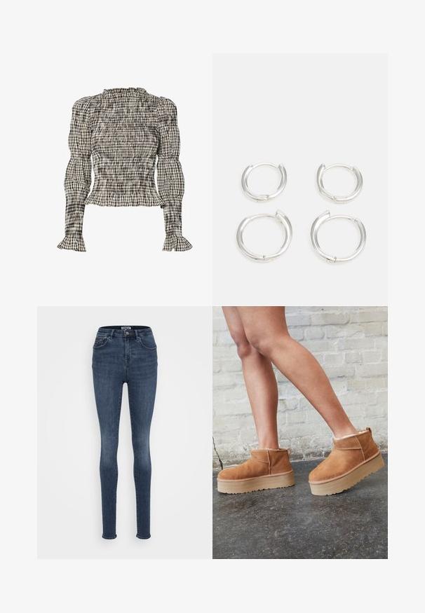 Švelni bluzonė su patikrintu raštu juodos, baltos ir smėlio spalvų. Raukiniai kaklo ir rankovių srityje, ilgomis rankovėmis, trumpesnis kirpimas.; Tinkamos fitas džinsai tamsiai mėlynos spalvos, su vidutinio aukščio juosmeniu, turintys priekinės kišenes, vieną metalinį užtrauktuką ir minimalų nudilimą.; Rudos zomšiniai kulkšniniai batai su minkštu pamušalu, storu smėlio spalvos platforminiu padu ir gale esančia kilpa. Tekstūruotas paviršius su matomais siuvimo detalėmis.; Sidabriniai auskarai žiedai, turintys lygaus, blizgaus paviršiaus. Du poros, su šiek tiek skirtingais dydžiais. Paprastas, apvalus dizainas, lengvi.