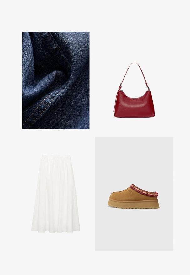 Tmavomodrá džínsová látka s jemným leskom, zobrazujúca mäkkú, pokrčenú textúru a viditeľné švy v kontrastnej béžovej niťi.; Biela, stredne dlhá sukňa vo forme A, vyrobená z ľahkej bavlny. Má elastický pás a voľný strih bez viditeľných vzorov alebo dekorácií.; Hnedá semišová obuv na slip-on s červeným a krémovým vzorovaným lemovaním, textúrovanou podrážkou a logom UGG na boku. Obsahuje mierne zvýšenú platformu.; Červená kožená taška cez rameno s zakriveným dizajnom, hladkou textúrou a zipsovým uzáverom. Obsahuje tenký popruh na nosenie.