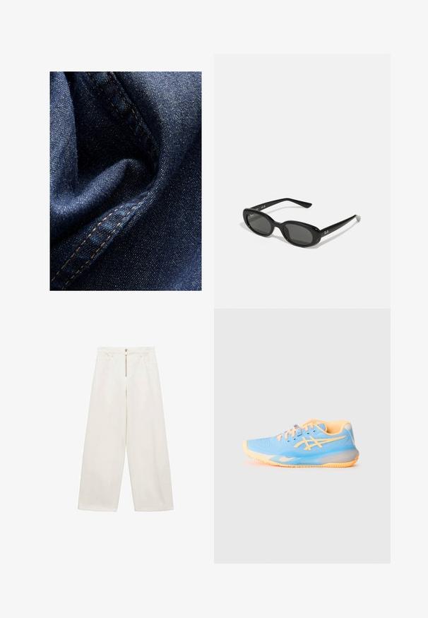 Tummansininen farkkukangas, jossa on kevyt kiilto, pehmeä ja ryppyinen pinta sekä näkyvät saumat beigeillä kontrastilangoilla.; Housut, joissa on leveät lahkeet, off-white puuvillakankaasta. Niissä on edessä vetoketju ja kaksi sivutaskua. Tasainen rakenne ja rento istuvuus.; Vaaleansininen urheilujalkine oransseilla yksityiskohdilla; verkkomateriaali yläosassa, pyöreä varvas ja teksturoitu pohja pidon takaamiseksi. Sisältää brändättyä yksityiskohtaa ja nauhoja.; Mustat aurinkolasit, joissa on soikeat linssit, kiiltävä muovikehys ja kapeat varret. Sivussa on valkoinen Ray-Ban-logo.; Punokas nahkainen olkalaukku, jossa on kaareva muotoilu, sileä pinta ja vetoketjuluukku. Laukussa on ohut kantohihna.