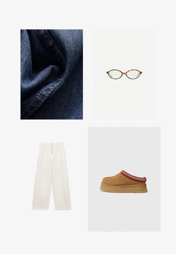 Tamno plavi traper od tkanine sa blagim sjajem, prikazujući mekan i naboran teksturu te vidljive šavove u kontrastnoj bež pređi.; Hlače širokih nogavica od pamučnog materijala u boji slonovače. Sadrže prednji zip i dva bočna džepa. Glatka tekstura i dizajn opuštenog kroja.; Smeđe zamšaste cipele na sklizanje s crveno-cream uzorkom oko ruba, teksturiranim potplatom i UGG logom sa strane. Imaju blagu platformu.; Naočale u boji kornjače s ovalnim staklima i elegantnim, glatkim završetkom. Imaju tanke strane s suptilnom krivuljom na sljepoočnicama. Prozirna stakla.; Crvena kožna torba preko ramena s zakrivljenim dizajnom, glatkom teksturom i zatvaranjem na patentni zatvarač. Ima tanku dršku za nošenje.