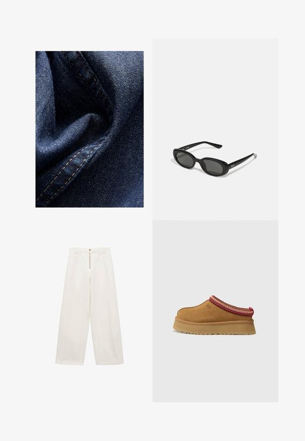 Tamno plavi traper od tkanine sa blagim sjajem, prikazujući mekan i naboran teksturu te vidljive šavove u kontrastnoj bež pređi.; Hlače širokih nogavica od pamučnog materijala u boji slonovače. Sadrže prednji zip i dva bočna džepa. Glatka tekstura i dizajn opuštenog kroja.; Smeđe zamšaste cipele na sklizanje s crveno-cream uzorkom oko ruba, teksturiranim potplatom i UGG logom sa strane. Imaju blagu platformu.; Crne sunčane naočale s ovalnim lećama, sjajnim plastičnim okvirom i tankim krakovima. Značajka je Ray-Ban logo u bijeloj boji s strane.; Crvena kožna torba preko ramena s zakrivljenim dizajnom, glatkom teksturom i zatvaranjem na patentni zatvarač. Ima tanku dršku za nošenje.