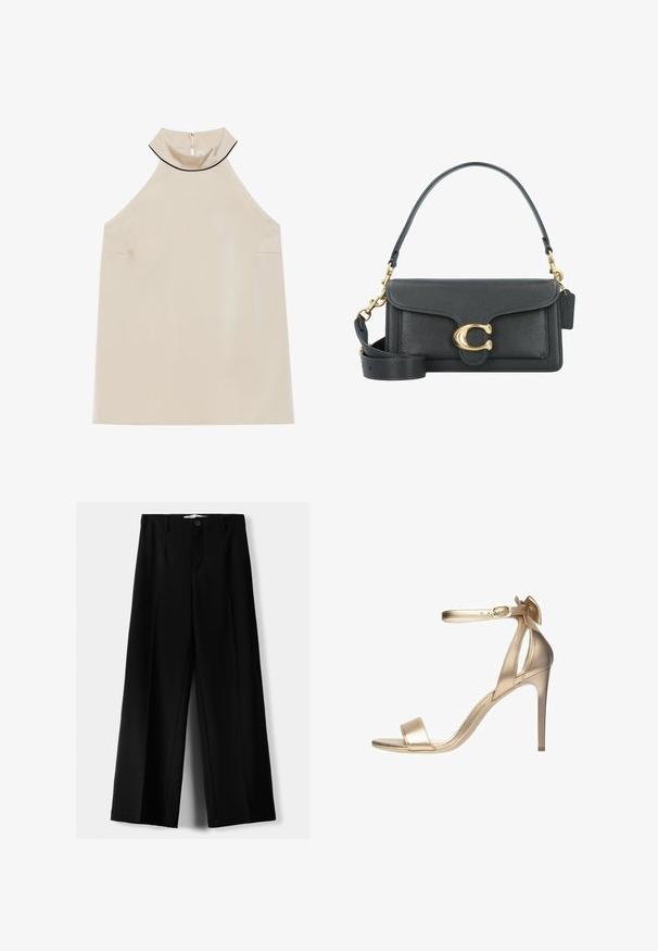 Beige ärmelloses Halsbandoberteil aus glattem Stoff mit hohem Kragen und einem Reißverschluss auf der Rückseite, das ein minimalistisches Design ohne sichtbare Muster aufweist.; Schwarze weite Hosen aus leichtem Stoff, mit einem Knopfverschluss vorne und flachem Bund, mit sorgfältig genähten Säumen.; Goldfarbene metallische High-Heel-Sandale mit dünnem Knöchelriemen, offenem Zehenbereich und glatter Textur. Mit einer zarten Schleifenakzent am Absatz.; Schwarze Lederhandtasche mit goldenen Hardware-Akzenten, ausgestattet mit einem charakteristischen Verschluss, einem abnehmbaren Schultergurt und einer strukturierten Oberfläche.
