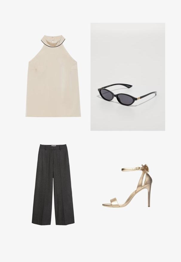 Beige, ærmeløs halterneck-top i glat stof med høj krave og lynlås bagpå, der har et minimalistisk design uden synlige mønstre.; Bredde bukser i mørkegrå stof. Har en skræddersyet talje med bæltesløjfer, glat tekstur og minimale syninger som detaljer.; Guldmetalisk højhælet sandal med en tynd ankelrem, åbent tåparti og en glat overflade. Har en delikat sløjfeaccent på hælen.; Sorte solbriller med ovale linser, mørk gradienttint og slanke arme med diskrete guldkant. Glat plastikfinish.; Tommy Hilfiger LIBRE FLAP CROSSOVER - Skuldertasker - deep rouge