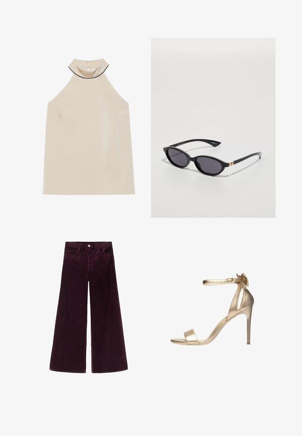 Bežový bezrukávový halter top z hladkého materiálu s vysokým límcem a zipem na zádech, s minimalisticým designem a bez viditelných vzorů.; Široké kordové kalhoty v tmavě burgundy barvě, s vysokým pasem, zapínáním na knoflík a klasickým pětibodovým designem s žebrovanou strukturou.; Zlaté metalické sandály na vysokém podpatku s tenkým páskem kolem kotníku, otevřenou špičkou a hladkým povrchem. Mají jemný mašličkový akcent na patě.; Černé sluneční brýle s oválnými čočkami, tmavým gradientním zabarvením a štíhlými rameny s jemnými zlatými akcenty. Hladký plastový povrch.; Tommy Hilfiger LIBRE FLAP CROSSOVER - Taška s příčným popruhem - deep rouge