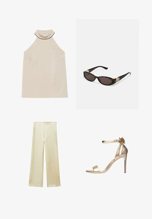 Beige mouwloze haltertop van gladde stof met een hoge kraag en een rits aan de achterkant, met een minimalistisch ontwerp en geen zichtbare patronen.; Zijdeachtige wijde broek in een lichte crème kleur. Glad textuur, geen zichtbare naden, en een vloeiende ontwerp met een rechte snit van taille tot zoom.; Gouden metallic hakken sandaal met een dunne enkelband, open teen en een soepele textuur. Beschikt over een delicate strikaccent bij de hak.; Schildpadbril met langwerpige ovale lenzen, bruine tint, gouden logo-accenten op de pootjes en slanke zwarte armen.