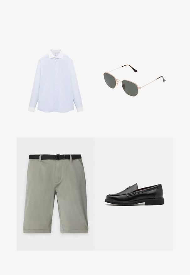 Svetlo modra prugasta srajca z dolgimi rokavi in belim ovratnikom ter manšetami, z gumbasto sprednjo zaponko in ukrivljenim robom. Gladka tekstura tkanine.; Sive hlače iz teksturirane tkanine, z črnim pasom, običajnimi žepi in obrobo, ki se konča tik nad kolenom.; Črne sintetične loafers čevlje s poudarjenim šivanim sprednjim delom, blazinasto vložkom in ravnim gumijastim podplatom; eleganten dizajn z minimalnimi detajli.; Sončna očala z zlatim kovinskim okvirjem in temno zelenimi lečami, aviatorskega sloga, z vitekimi ročaji in želvovim vzorcem na konicah.