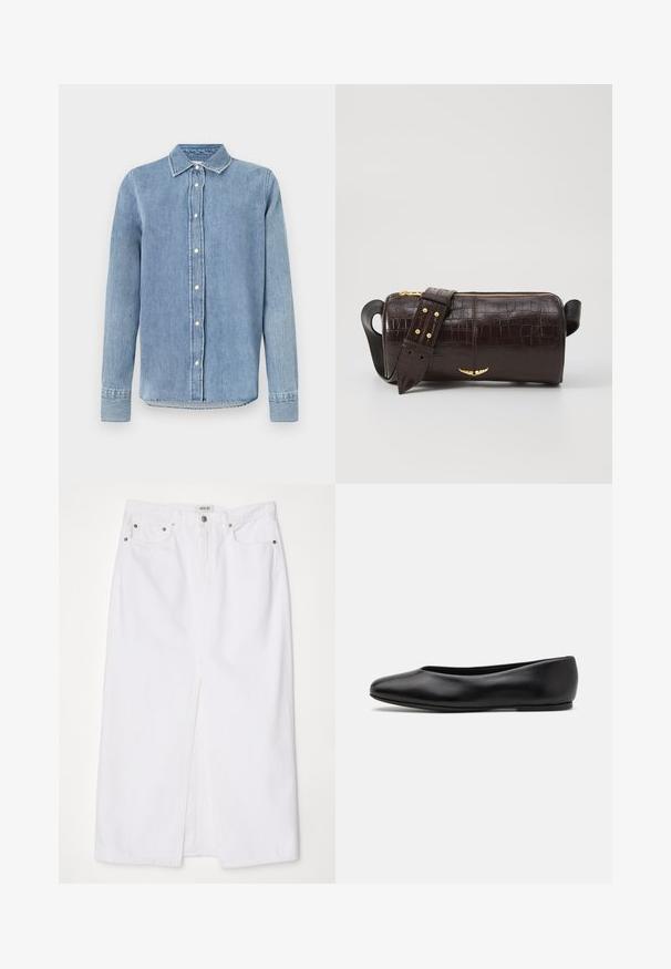 Lys blå denimskjorte med krave, frontlukning med knapper, lange ærmer og broderede detaljer ved ærmer og kant. Tekstureret stof.; Hvid denimnederdel med splid foran, fem-lomme design, metalknap og lynlåslukning samt syede kantdetaljer.; Paul Smith TOPANGA - Ballerinasko - black; Brun krokodilleder taske med cylindrisk form, hardware i guld-tone, og en aftagelig rem med nitter.