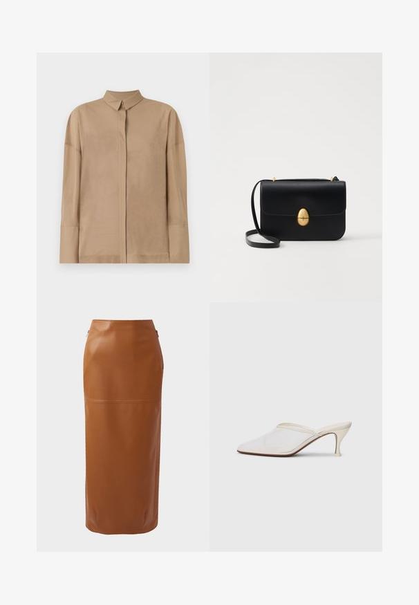 Könnyű anyagú, bézs színű, hosszú ujjú ing klasszikus gallérral, rejtett gombolással és finom varrási részletekkel az ujjakon.; Barna bőr midi szoknya, formás silhuettel, oldalsó cipzárakkal és sima textúrával. A szoknyát egy vízszintes varrási részlet díszíti a szegély közelében.; Fehér hálós, hegyes orrú mules cipő, vékony, középmagas sarkával és slip-on kialakításával, egyszerű háttér előtt.; Fekete bőr kézitáska, struktúrált, téglalap alakú formával. Arany ovális kapoccsal és vékony vállpánttal rendelkezik. Sima textúrájú.