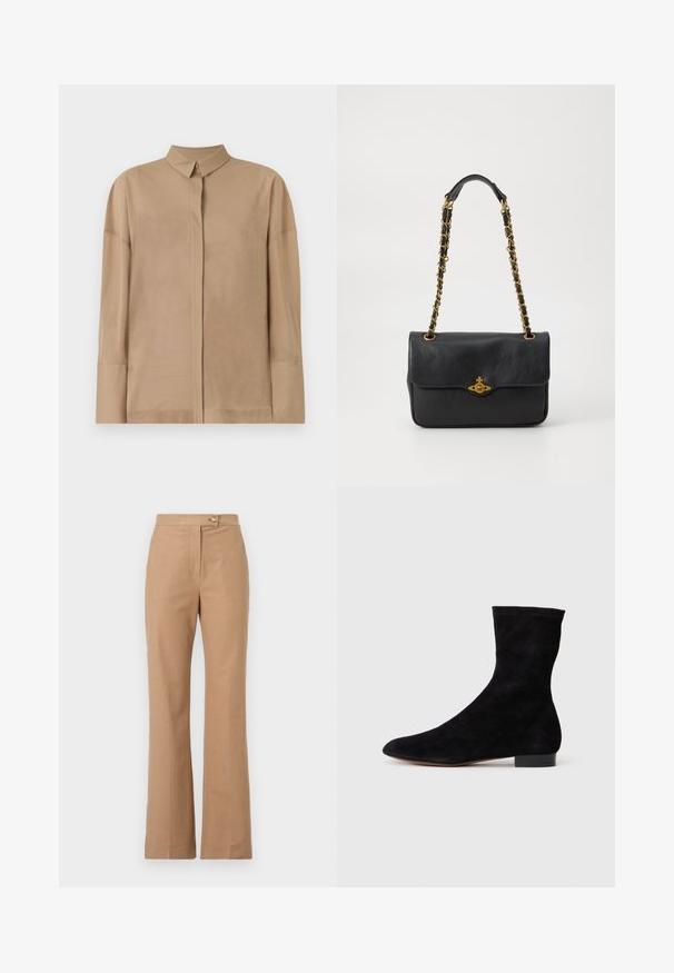 Beige Langarmhemd aus leichtem Stoff mit klassischem Kragen, versteckter Knopfleiste und dezenten Nähten an den Ärmeln.; Beige maßgeschneiderte Hosen mit hoher Taille und ausgestelltem Schnitt, aus glattem Stoff gefertigt, mit einem Frontknopfverschluss und zwei seitlichen Taschen.; Schwarze Wildleder-Ankelboots mit einem enganliegenden Schaft, spitzer Zehenform und niedrigem Blockabsatz. Glatte Textur und minimalistisches Design, geeignet für vielseitige Styles.; Schwarze Ledertasche mit einer umklappbaren Klappe, goldfarbenem Kettenriemen und Logohardware-Detail auf der Vorderseite. Glatte Textur.
