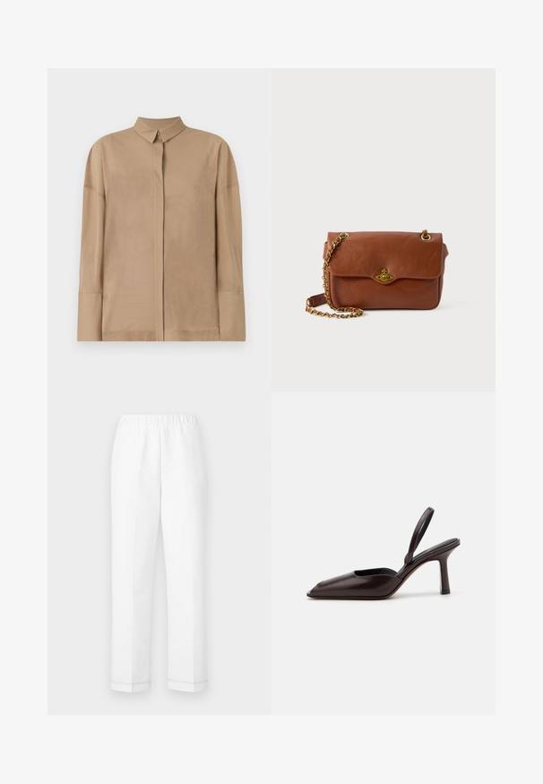 Beżowa, długosworowa koszula z lekkiego materiału, posiada klasyczny kołnierzyk, ukrytą listwę guzikową oraz subtelne detale przeszyć na rękawach.; Białe spodnie z elastycznym pasem, proste kroje i subtelnymi detalami szycia na końcu. Wykonane z lekkiego, oddychającego materiału.; Brązowe lakierowane skórzane czółenka na wysokim obcasie z wysmuklonym noskiem i cienkim obcasem. Posiadają elegancki kształt i gładką teksturę powierzchni.; Brązowa skórzana torba na ramię z klapą, złotymi elementami i łańcuszkowym paskiem. Gładka tekstura, prostokątny kształt, minimalne zdobienia.