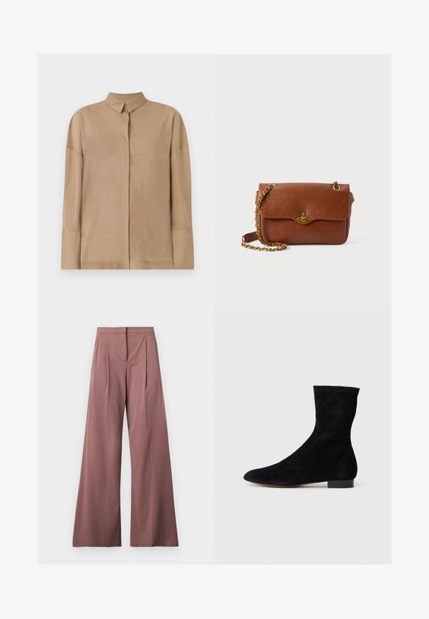 Beige langemouwen shirt van lichtgewicht stof met een klassieke kraag, verborgen knoopsluiting en subtiele stikdetails op de mouwen.; Brede broekspijpen in een gedempte rozenkleur, gemaakt van een soepele stof met voorplooien en een enkele zijzak. Eenvoudig, elegant ontwerp.; Zwarte suède enkelboot met een aansluitende schacht, puntige neus en een lage blokhak. Gladde textuur en minimalistisch ontwerp, geschikt voor veelzijdige styling.; Bruin leren schoudertas met een klepje, gouden hardware en een kettingband. Gladde textuur, rechthoekige vorm, minimale details.