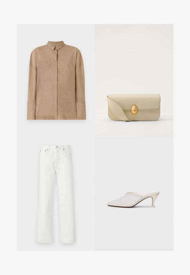 Béžová dlouhá košile s rukávy vyrobená z lehkého materiálu má klasický límeček, skrytou řadu knoflíků a jemné prošívání na rukávech.; Bílé džíny z denimu s rovnými nohavicemi, designem se pěti kapsami a kovovými akcenty na pase a kapsách.; Bílé síťované psací muly s špičatou špičkou, štíhlým středně vysokým podpatkem a designem na nazouvání na jednobarevném pozadí.; Krémová kožená kabelka s hladkým povrchem, obdélníkovým tvarem a zlatým oválným uzávěrem. Disponuje dlouhým, nastavitelným popruhem.