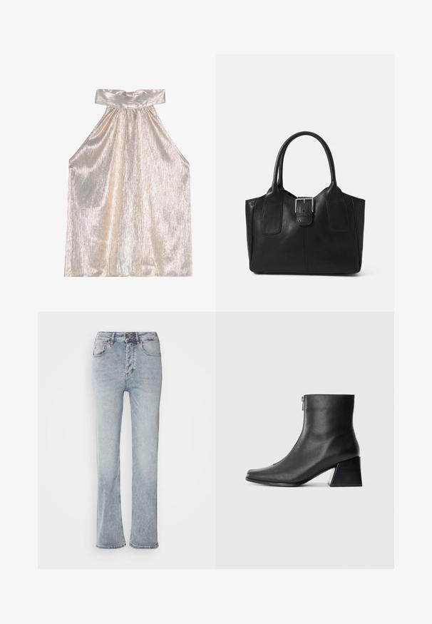 Svetleč srebrni top na halter z širokim ovratnikom, ki se ponaša z teksturiranim, nabranim dizajnom in tekočo silhueto. Mehek material odraža svetlobo.; Svetlo modri denim kavbojki z visokim pasom, ravnim krojem in rahlim razširjenjem na robovih. Vključujejo šive kot okras in zadrgo.; Črne usnjene gležnjarice s kvadratnim nosom, stranskim zadrgo in blok peto na enostavni svetli podlagi.; Črna usnjena torba s gladko teksturo, strukturirano obliko, dvema ročkama in izrazitim srebrnim sponko na sprednji strani.