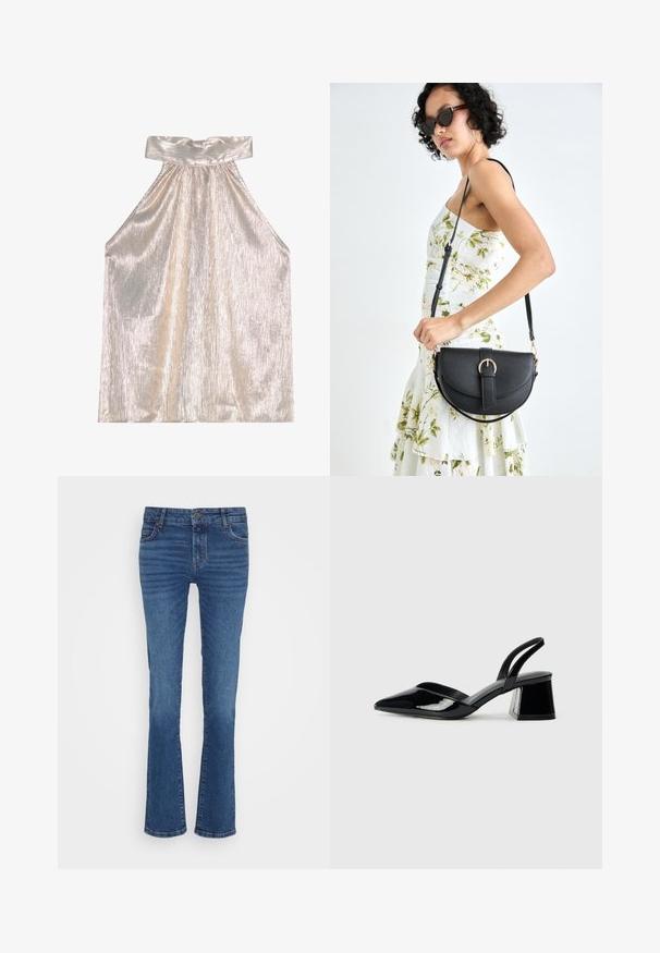 Sjajni srebrni halter top s širokim ovratnikom, s teksturiranim, naboranim dizajnom i lepršavom siluetom. Mekani materijal odražava svjetlost.; Plave traperice s ravnim nogavicama, koje imaju svijetlo izblijeđene dijelove, raspored s pet džepova i zatvaranje na metalnu gumb na struku.; Crne lakirane kožne sandale s otvorenom petom i špicastim vrhom, s geometrijskom blok petom. Imaju elegantan, minimalistički dizajn i glatku teksturu.; Crna kožna torba s lukovitim oblikom, odvojivim remenom i zlatnim detaljima. Torba ima preklop s kopčom.