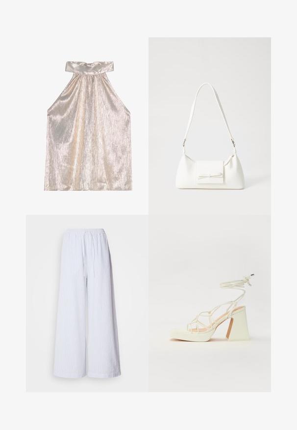 Lesklý stříbrný halter top s širokým límcem, který má texturovaný, skládáný design a splývavou siluetu. Měkká tkanina odráží světlo.; Bílé kalhoty s širokými nohavicemi a světle modrými pruhy, s elastickým páskem na stažení a texturovanou látkou.; Bílé sandály na vysokém podpatku s robustním podpatkem, s designem s pásky a zavazováním kolem kotníku. Hladký povrch s platformou vpředu pro zvýšení výšky.; Bílá syntetická kabelka v trojúhelníkovém tvaru, s plochým předním klopným víkem a detailem mašle, nastavitelným popruhem, hladkým povrchem a minimalistickým designem.