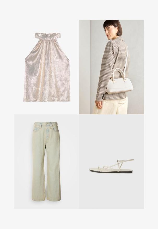 Lustrous silver halter top with a wide collar, featuring a textured, pleated design and flowing silhouette. Soft fabric reflects light.; Light blue wide-leg jeans made of denim, featuring a high waist, five pockets, and subtle fading with contrasting stitching accents.; Beige flat sandal with multiple slender straps and an adjustable buckle. The sole is flat with a slight dark contrast at the edge.; White structured handbag with short handles and a shoulder strap, featuring gold hardware accents and textured material, displayed against a grey background.; Set of six gold rings featuring various designs: braided, leaf motifs, and solid bands; some with green gemstone accents.
