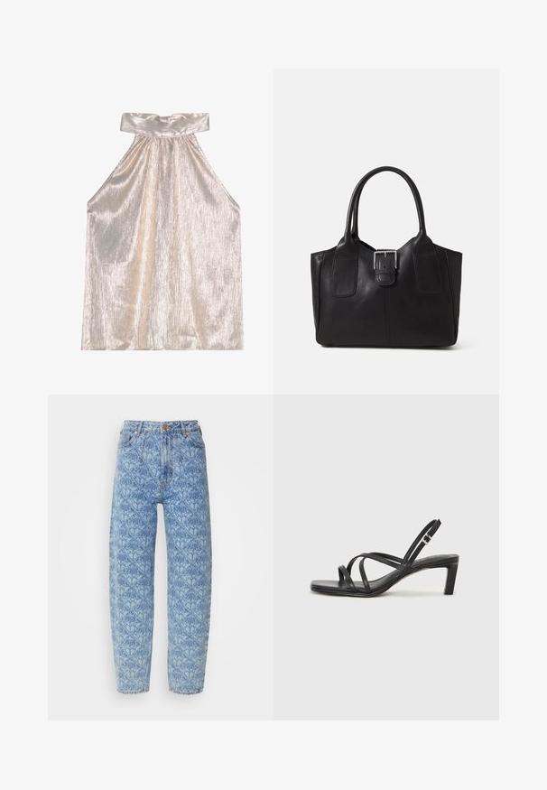 Top halter argintiu lucios cu un guler lat, având un design texturat, plisat și o siluetă fluidă. Materialul moale reflectă lumina.; Blugi de culoare albastru deschis, cu talie înaltă, cu un model geometric, design cu picior drept, detalii din cusături și accente din metal de nuanță cupru.; Sandal cu barete negre, cu vârf pătrat și toc mic de bloc. Prezintă mai multe barete subțiri și o bareta ajustabilă la gleznă. Fabricat din piele netedă.; Geantă tote din piele neagră cu textură netedă, formă structurată, două mânere și un detaliu proeminent din aliaj de argint pe partea din față.