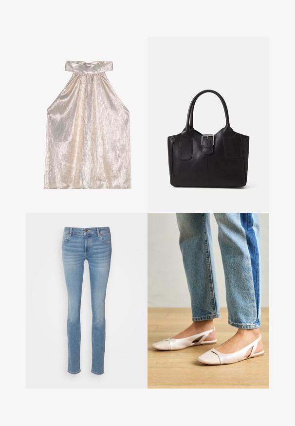 Blizgantis sidabrinis halterio viršus su plačiu apykakle, su tekstūruotu, klostytu dizainu ir laisvai krentančiu siluetu. Minkšta medžiaga atspindi šviesą.; Šviesiai mėlynos liesos džinsinės kelnės, pagamintos iš džinsinio audinio, su klasikiniu penkių kišenių dizainu, vidutinio aukščio juosmeniu ir švelniu išblukimu palei kojas.; Šviesiai rožiniai slingback baleto bateliai su smailiu pirštu, pagaminti iš lygios odai panašios medžiagos. Yra išpjovimų detalės šonuose ir plokščias kulnas.; Juodas odinis nešiojamas krepšys su lygiu paviršiumi, struktūrine forma, dviem rankenėlėmis ir ryškiu sidabriniu sagties akcentu priekyje.